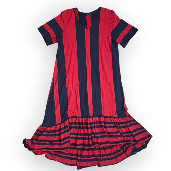Monki Dresses & Skirts - Monki Striped Navy/Red Short Sleeve Midi Cotton Dress Women Sz M